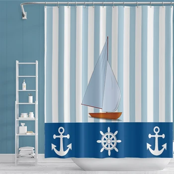 

Cassisy Fashion Striped Boat Shower Curtains Anchor Prints For Bathroom Washroom Home Decor Waterproof Moisture-proof With Hooks