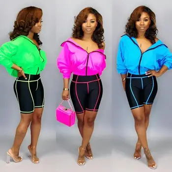 

2019 Autumn Two Piece Short Sets Zipper Long Sleeve Casual Jacket Top+Shorts Suits Plus Size Women Patchwork Colorful Outfits