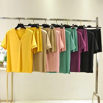 

Pijama Women's Pajamas Sets Sleepwear Solid Shorts Sleeve V-neck Woman Pajamas Breathable Sleepwear Pijama Set Pyjama Sexy Femme