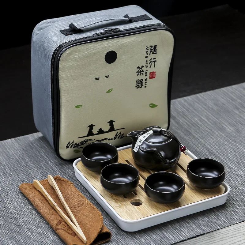 

Portable Travel Kung Fu Tea Set Ceramic Chinese Teapot Porcelain Tea Cups With Travel Bag business gift Household wine set