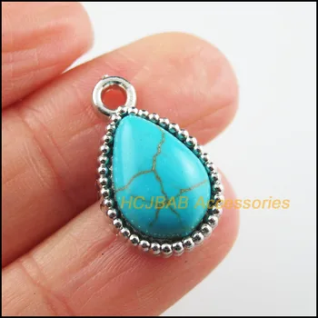 

15 New Teardrop Flower Charms Dull Silver Plated Blue Stone Pendants 13x21mm