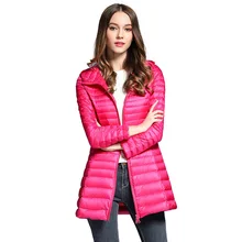 Поколение полных осенних и зимних тонких пуховиков Женская приталенная куртка средней длины с капюшоном больших размеров