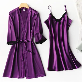 

Satin Bathrobe Lady 2PCS Sleep Set Kimono Gown Purple Nightdress Nighty&Robe Suit Sexy Bride Bridesmaid Wedding Robe Sleepwear