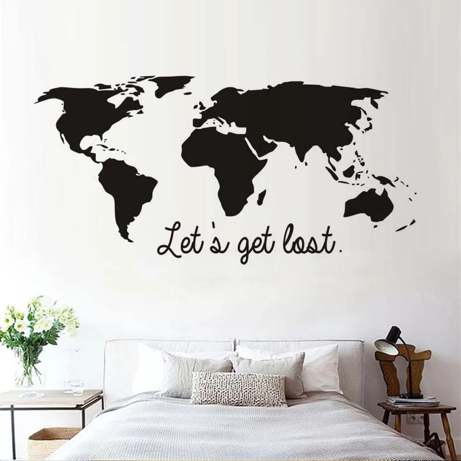 Art Vinyls World Map Wall Stickers Let's get lost Travel Quote Decals For Children Kids Room Living Room Home decor Mural Gift (2)