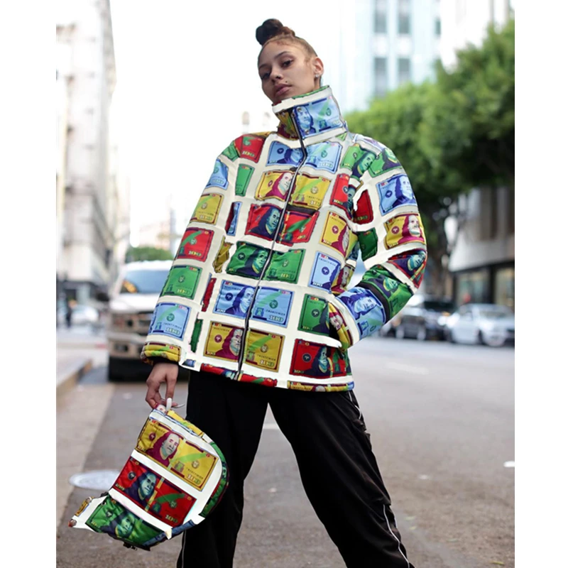 

New Arrival Colorful Dollar Print Hooded Down Jacket