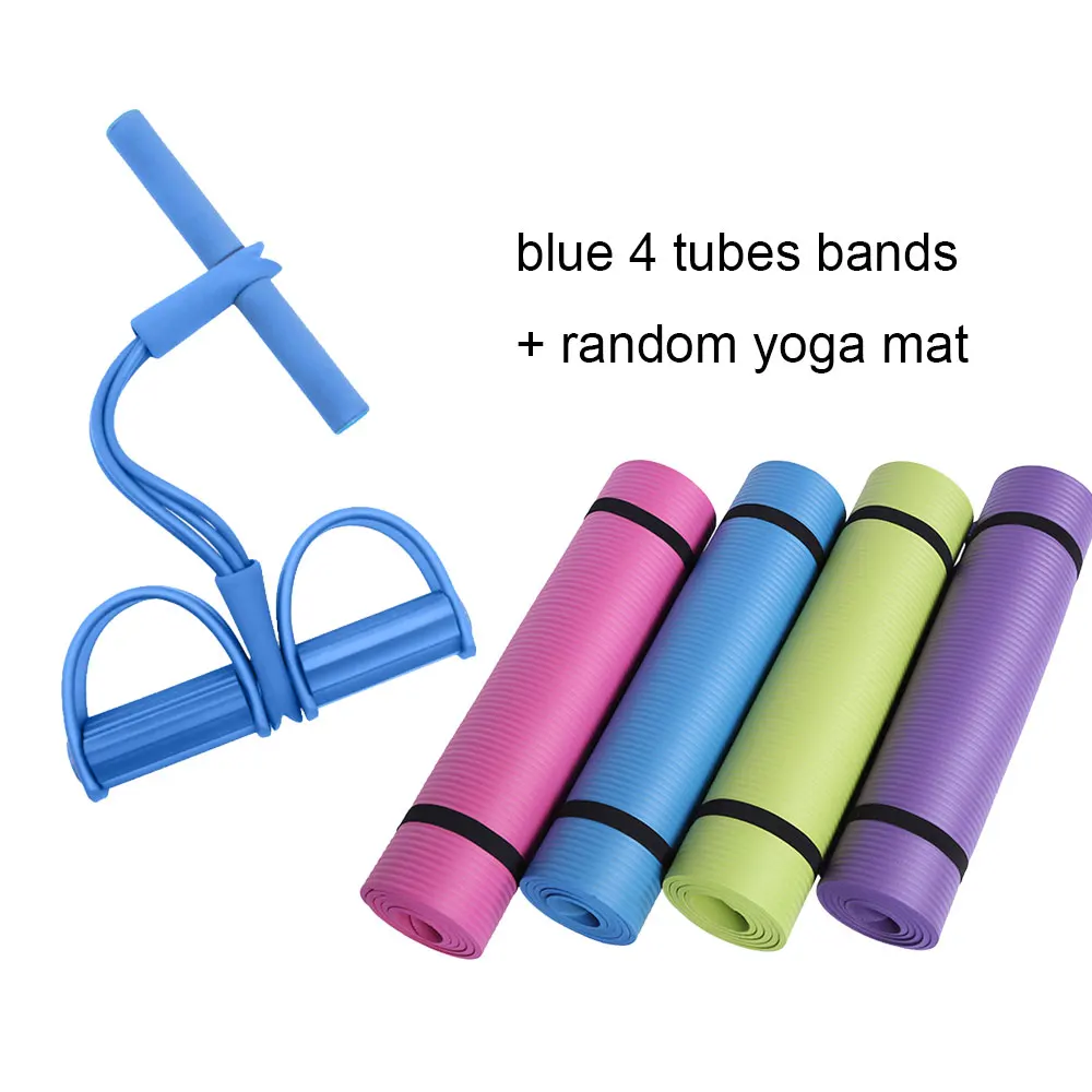 blue random mat 2 Pieces Yoga Set Workout 4 Tubes Strong Fitness Yoga Resistance Bands With 10mm Yoga Mat Natural Latex Pedal Exerciser Sit- up - Цвет: blue random mat