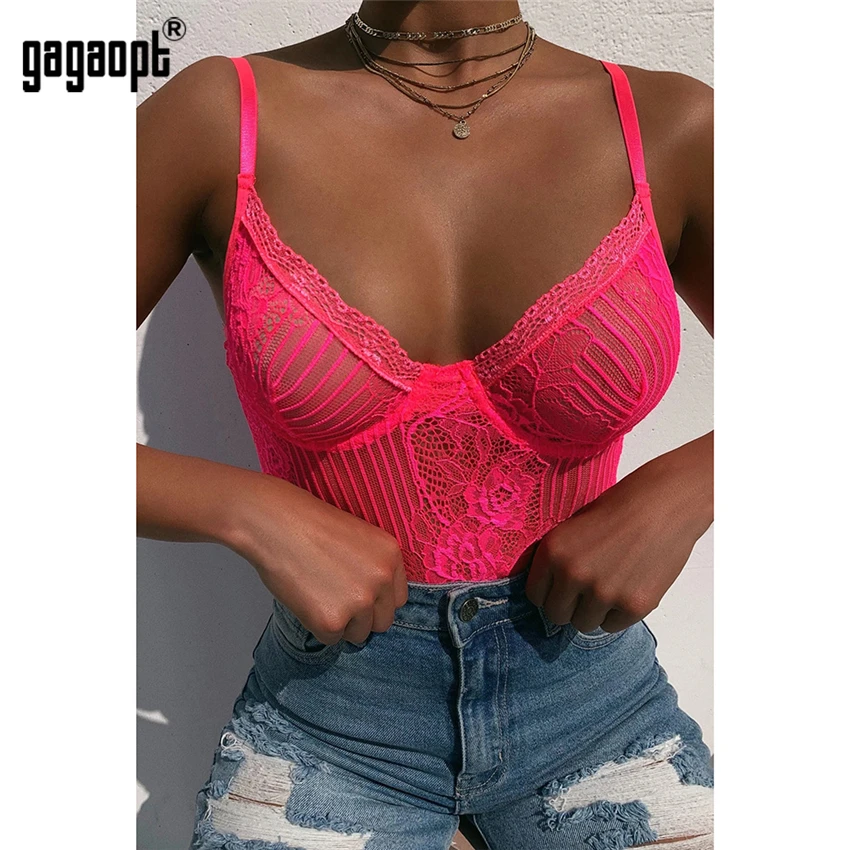 red bodysuit Gagaopt Sexy Lace Bodysuit Backless Sheer Lace Mesh Teddies Women Jumpsuits Skinny Neon Fashion Straps Bodysuits mesh bodysuit