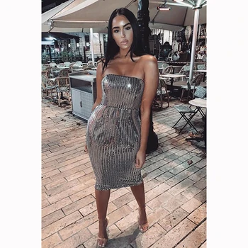 

High quality silver sexy figure-hugging strapless sequin fashion celebrity evening dress