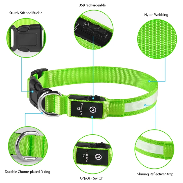 USB Charging Flashing Dog Collar Leads LED Light Night Safety Glow Anti-Lost/Avoid Car Accident Dog Nylon Adjustable Pet Collar DC5200-green