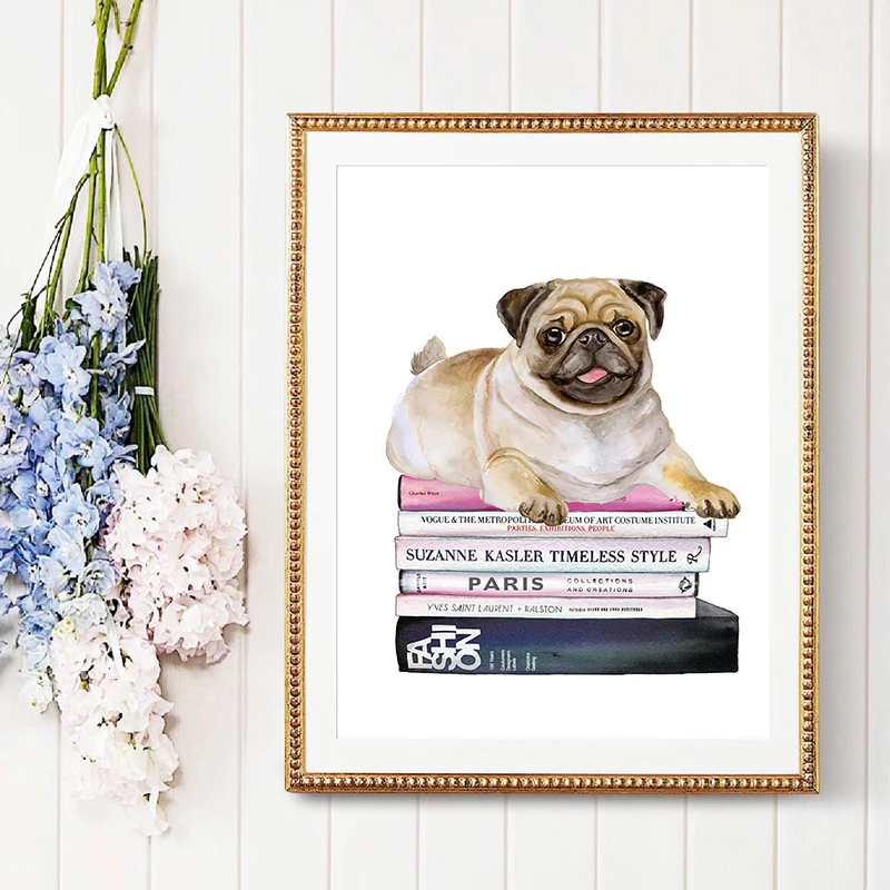 Fashion-Art-Books-Stack-Canvas-Painting-Pug-Wall-Picture-Nordic-Posters-and-Prints-for-Living-Room