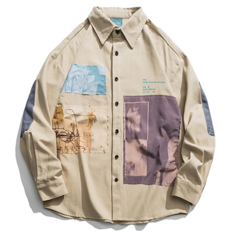 DJ108 khaki ICPANS, рубашки с длинным рукавом, повседневные, хип-хоп, свободные, для мужчин и женщин, рубашка, Ретро стиль, креативная, газета, полный принт,, модная уличная одежда - Цвет: DJ108 khaki