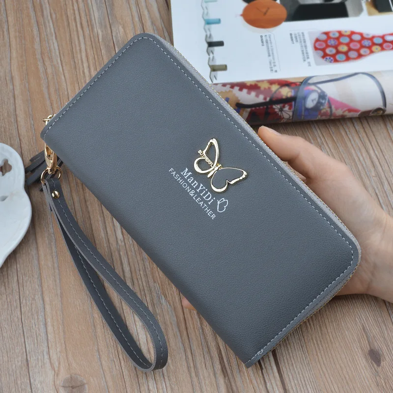 Серый Модный женский кошелек с бабочкой на запястье, чехол для телефона, длинный отдел, карман для денег, сумочка, Женский кошелек, держатель для карт - Цвет: Серый