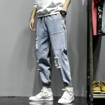 

2020Spring New Large Size Men's Letter Printing Hole Stitching Stitching Cropped Black Jeans Balmai Jeans Men Distressed Jeans