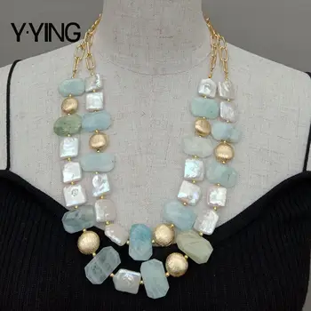 

Natural Freshwater Cultured White Keshi Square Pearl blue stone faceted Nugget chain statement Necklace casual for women