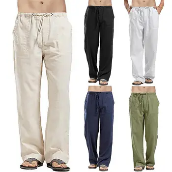 

Casual Loose Pants Men Trousers Linho Verao Calcas Dos Homens Com Cordao Elastic Pockets Drawstring Pants Men pantalon homme