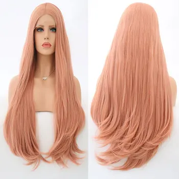 

Peach Pink Long Soft Straight Synthetic 13*3 Lace Front Wig Glueless Heat Resistant Fiber Hair Free Parting For Women Daily Wigs