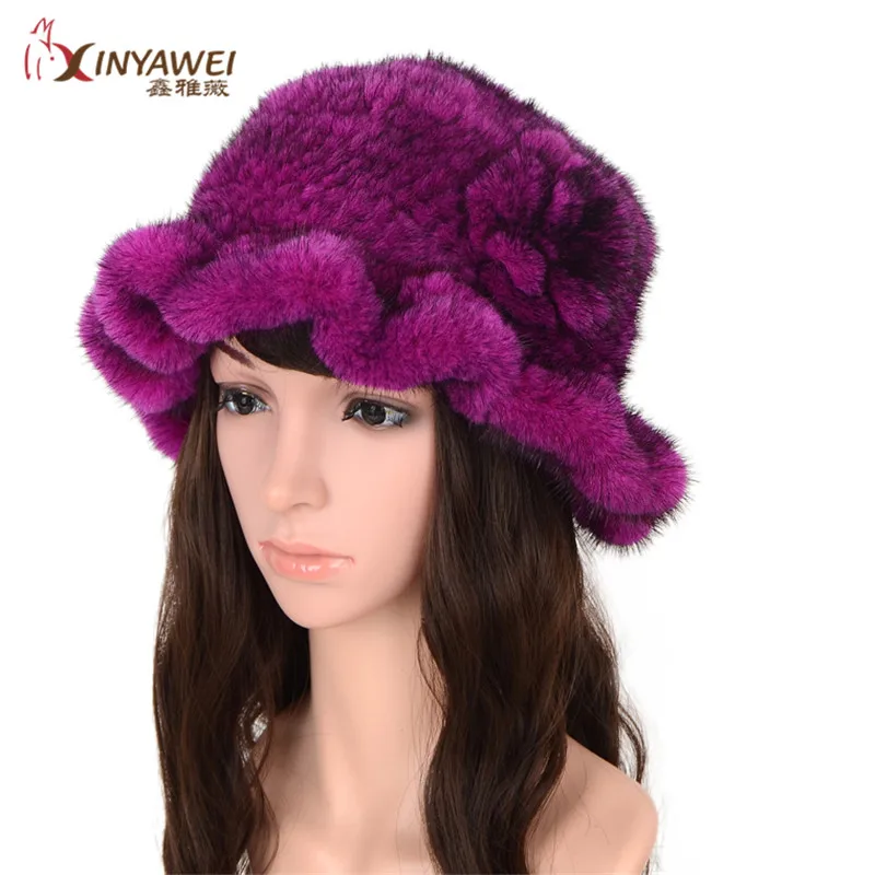 purple Модная популярная женская зимняя меховая шапка, норковые плетеные норковые меховые шляпы с настоящим мехом, женская теплая меховая шапка Sombrero Elastico - Цвет: purple