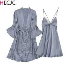 Женский халат и платье, наборы, сексуальные кружевные пижамы для сна, пижама с длинным рукавом, Дамская одежда для сна, халат, ночное платье с накладками на груди