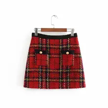 Твидовая клетчатая красная мини-юбка для женщин зима осень с пуговицами на молнии английский стиль ретро офисные женские юбки faldas mujer