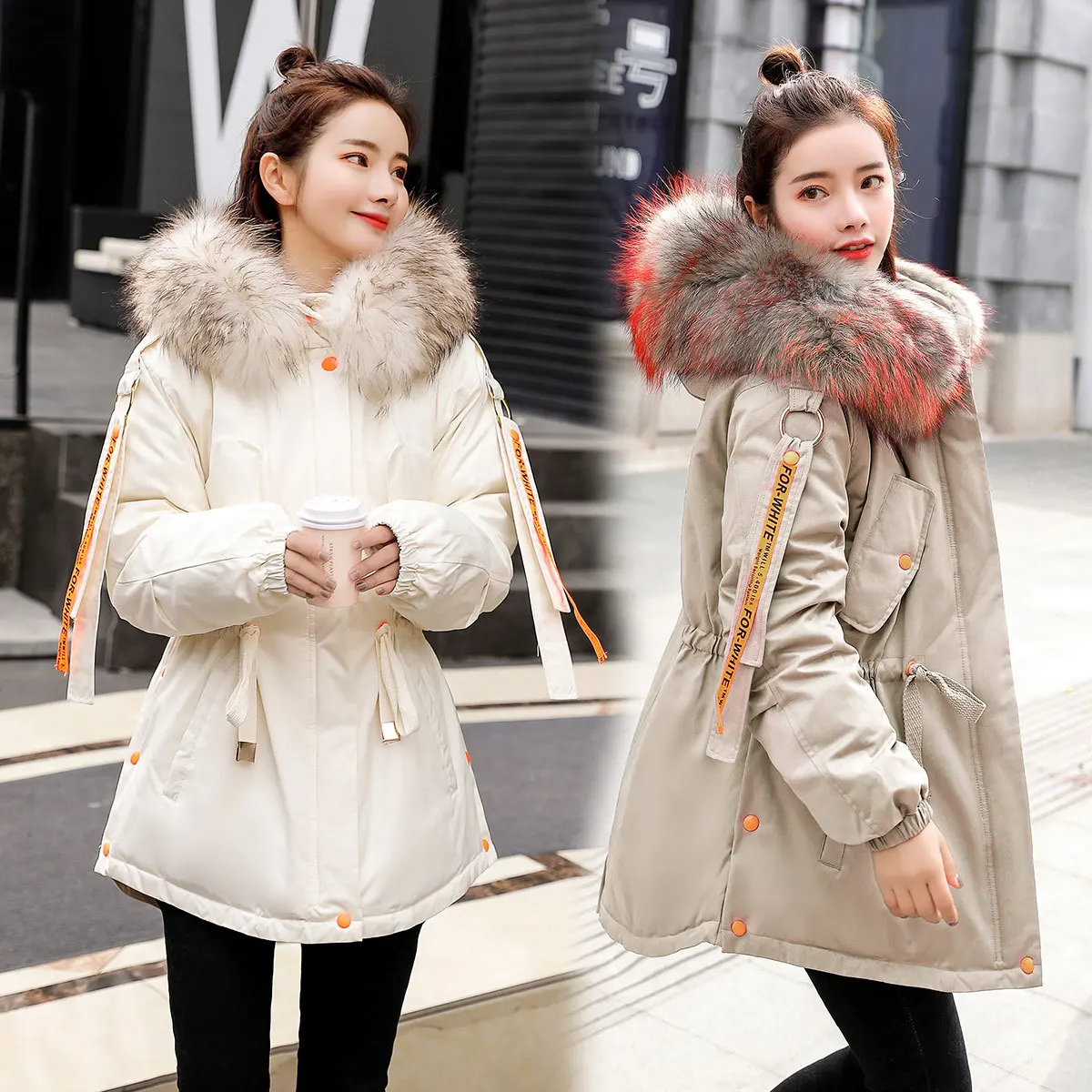 

2019 Winter New Style INS Short Drawstring Slimming Cotton-padded Jacket Large Fur Collar Hooded Workwear Cotton-padded Clothes