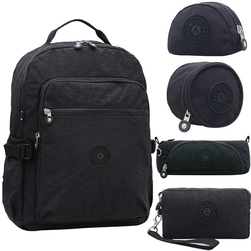 ACEPERCH повседневные школьные сумки для девочек-подростков и мальчиков, детские школьные сумки, нейлоновый рюкзак для ноутбука, женские дорожные сумки с брелоком - Цвет: 5 pieces Black