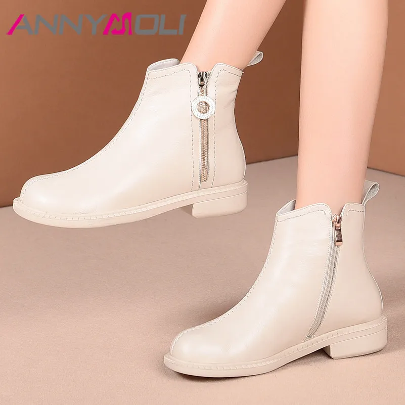 

ANNYMOLI Real Leather Natural Wool Fur Ankle Boots Metal Decoration Women Zip Mid Heel Short Boots Block Heels Ladies Boots 41