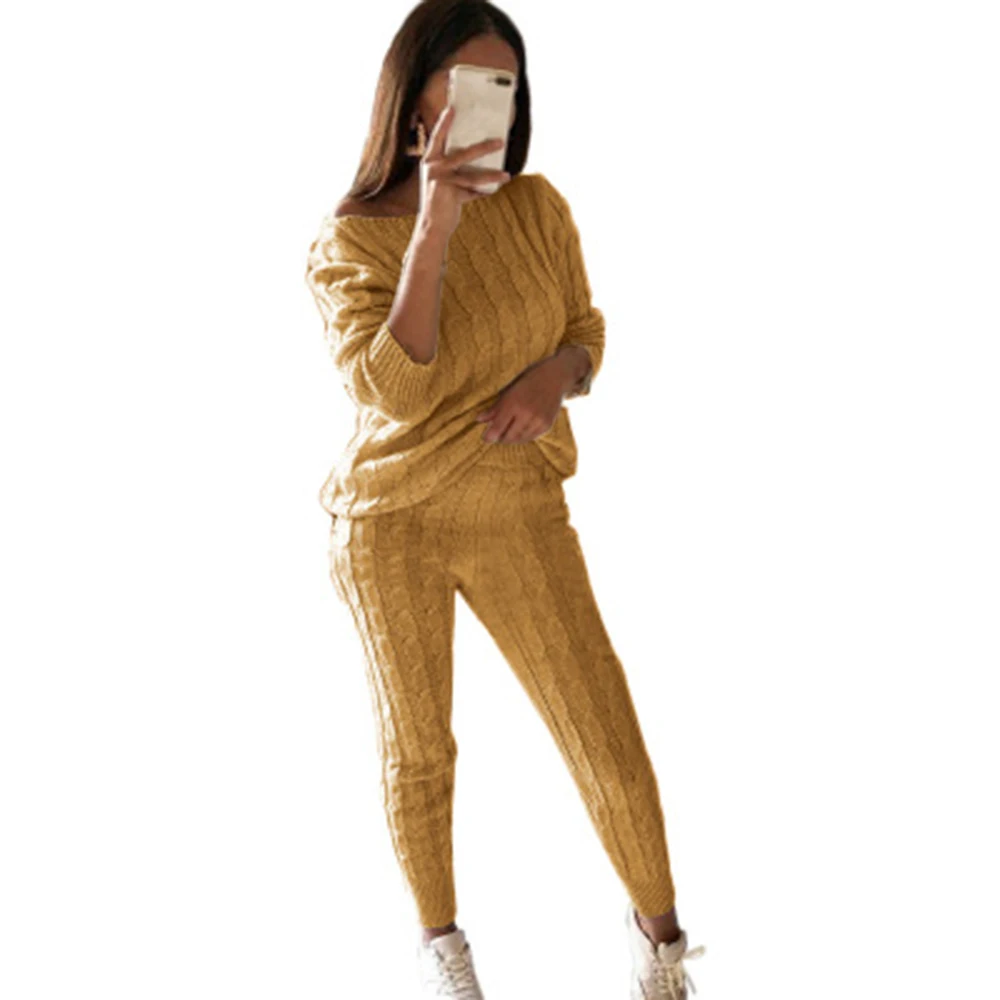 LASPERAL осенний хлопковый спортивный костюм женский комплект из 2 предметов свитер Топ+ брюки вязаный костюм с круглым вырезом вязаный комплект Женская верхняя одежда комплект из 2 предметов - Цвет: yellow 1