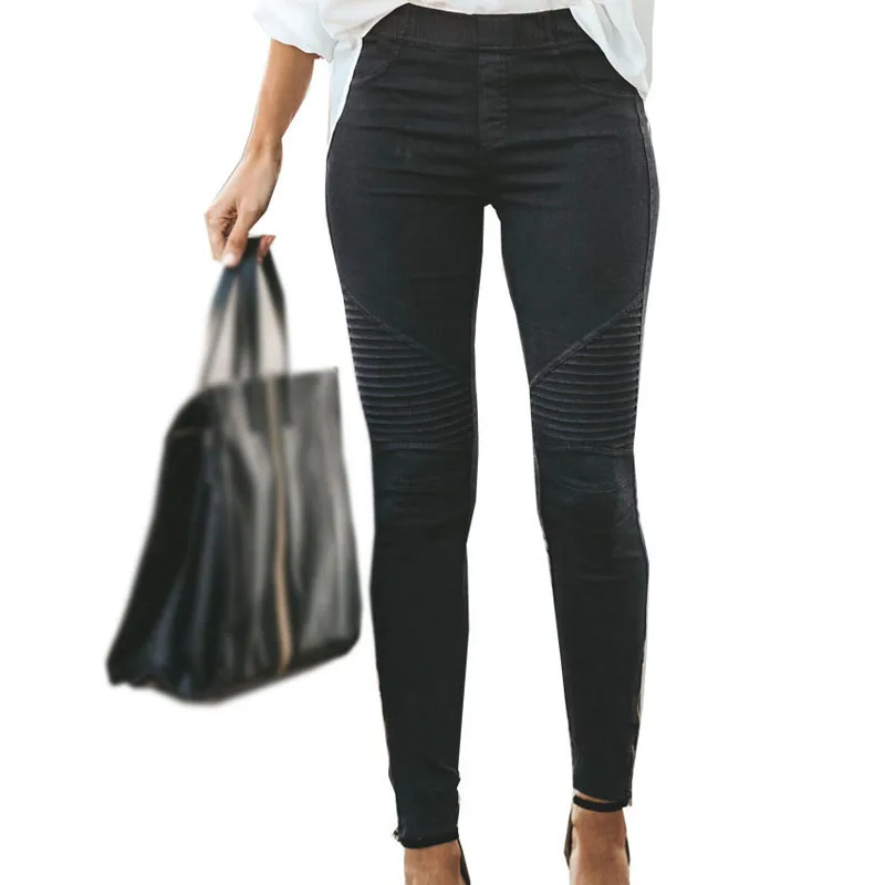Женские брюки эластичная низкая талия плиссированные длинные брюки Модные эластичные плоские обтягивающие женские узкие брюки