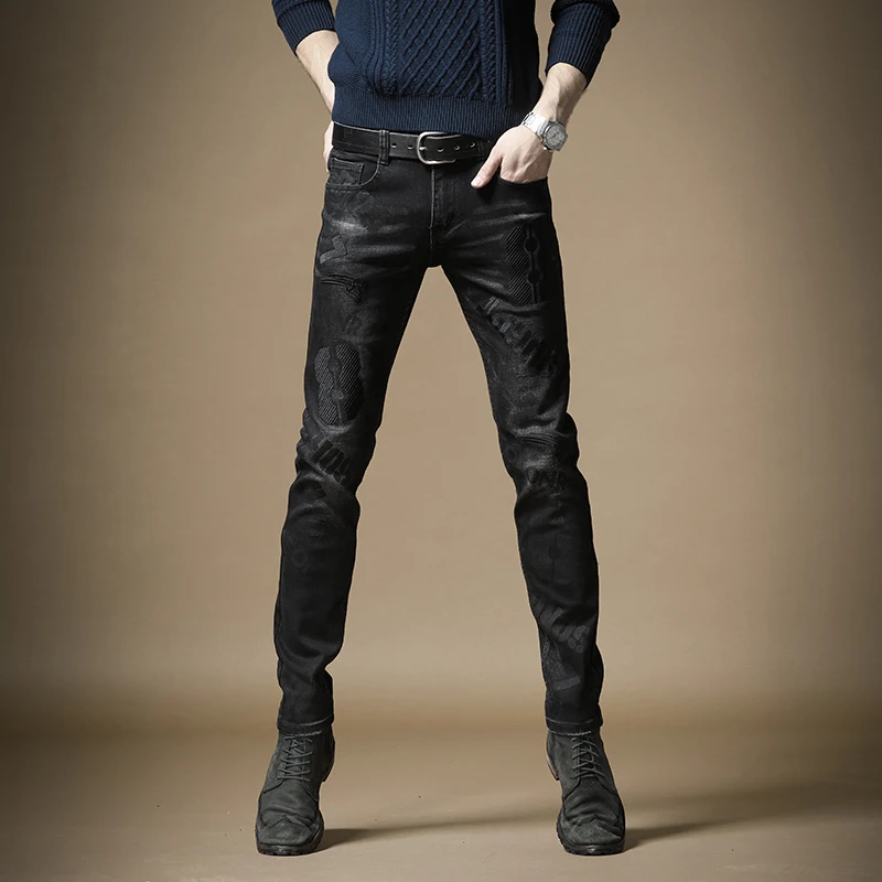 Men Stretch Black Jeans Fashion Embroidery Straight Slim Fit Pants Autumn Winter Streetwear Heavyweight Denim Trousers