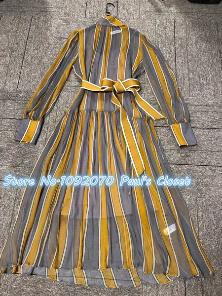 strip print Женское фиолетовое Полосатое платье с отворотами и высоким сборным вырезом, прозрачное шелковое платье миди - Цвет: strip print