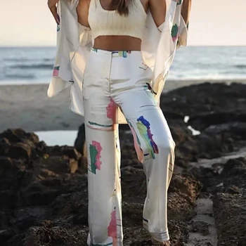 

Fashion women satin straight pants 2020 summer beach elegant ladies loose pant party female colorful boho trousers girls chic