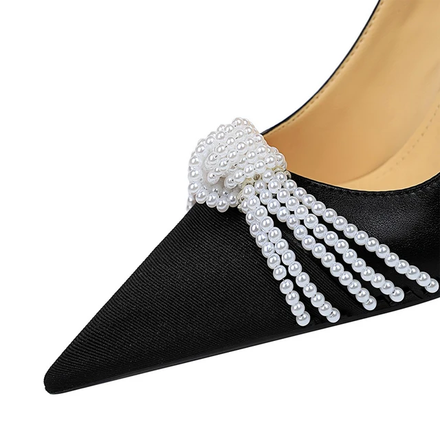 Zapatos de tacón alto con lazo para mujer, tacones de aguja con perlas, lujosos, a la moda, para fiesta, talla grande 43 - Image 5