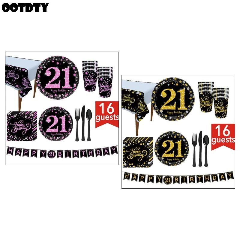 

21th Birthday Party Supplies 114 Pcs Serves 16 Black & Gold Banner Disposable Tablecloth Knives Spoons Forks Dishes Set
