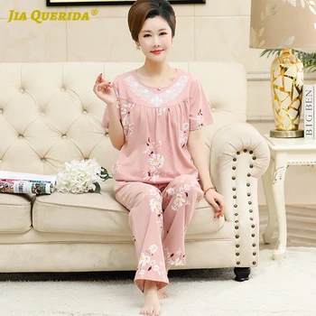 

Women's Pink Pajamas Set Summer Short Sleeves Long Pants Cotton Plus Size 4XL Round Neck Floral Printing Sleepwear Home Clothes