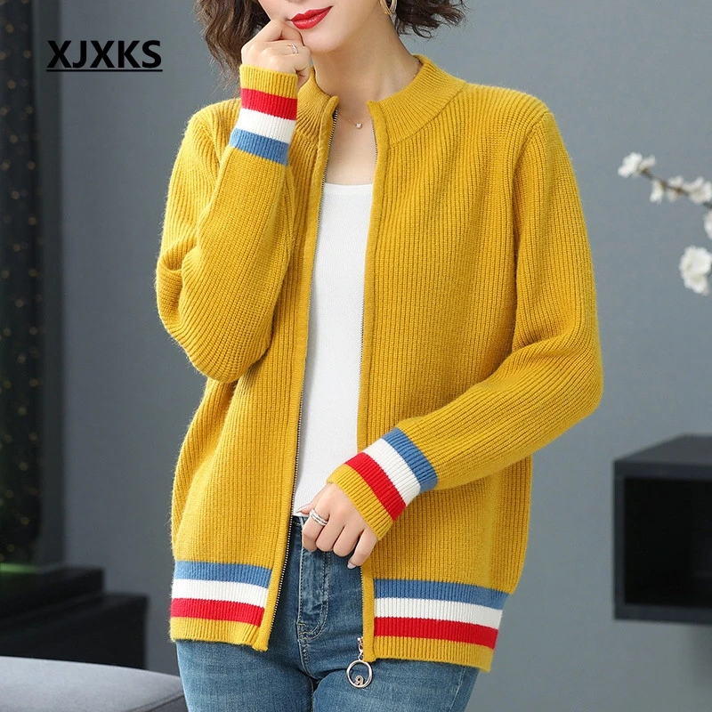 XJXKS новые женские осенние свитера на молнии кардиган вязаный с длинным рукавом женский кардиган Mujer свитер, Женское пальто - Цвет: Цвет: желтый