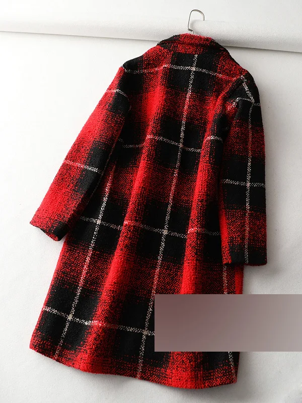 Qk14 Retro Elegant! Loose-Fit Cocoon Plaid Mid-length Woolen Jacket Overcoat Women's