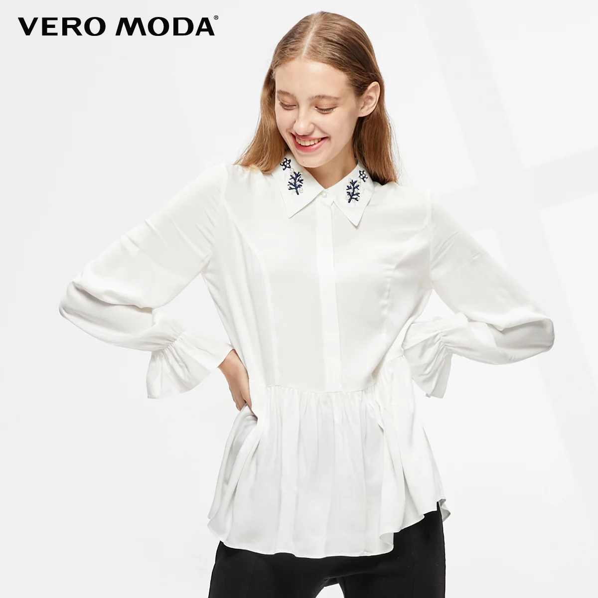 Snow white Vero Moda Женская приталенная рубашка с расклешенными рукавами и вышивкой из искусственного жемчуга | 319305538 - Цвет: Snow white