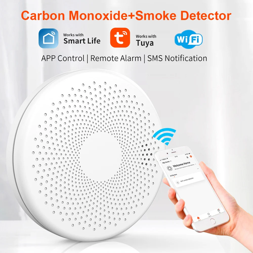 Detector de monóxido de carbono Tuya 2 en 1, equipo de protección con alarma contra incendios y humo, Sensor de humo Smartlife con aprobación CE