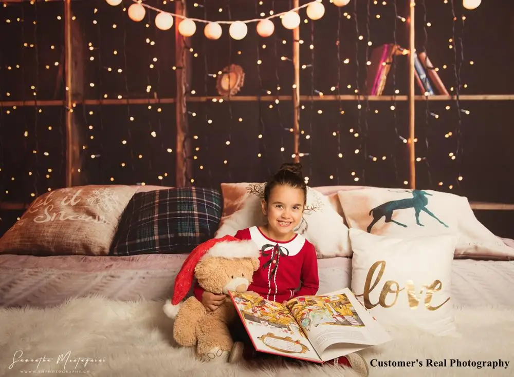 Laeacco Winter Light Lamp Bed Christmas Pillow Baby Photography Backgrounds Customized Photographic Backdrop For Photo Studio