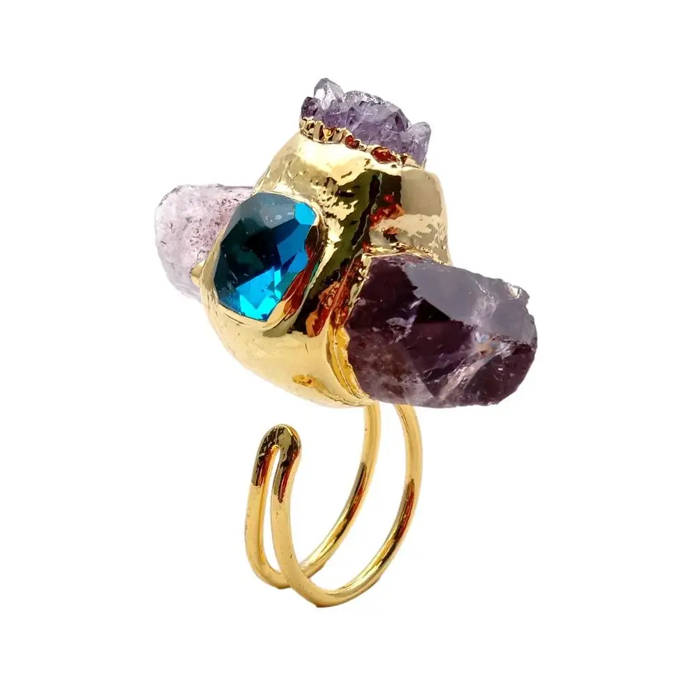 Gemstone Ring Gold Plated Rings YYGEM Natural Purple Amethyst Point Druzy Rough Blue Crystal Ring Gold Plated Adjustable Gems Ring