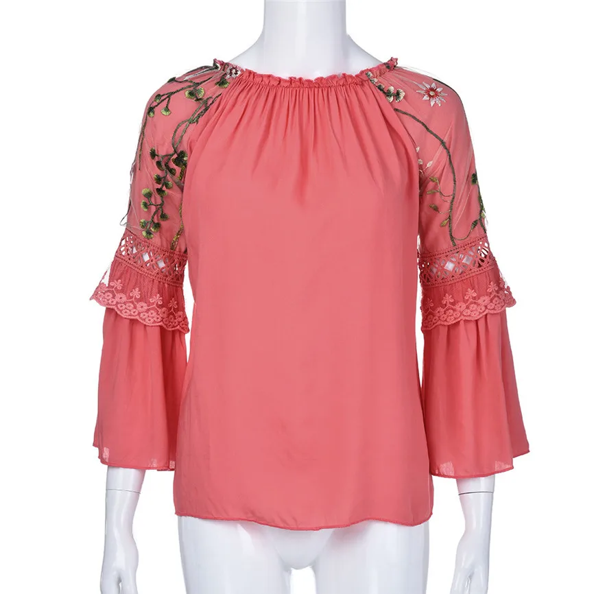 Женские топы и блузки Boho Модные женские топы с круглым вырезом блузка с цветочной вышивкой кружевные топы с расклешенными рукавами женские топы больших размеров