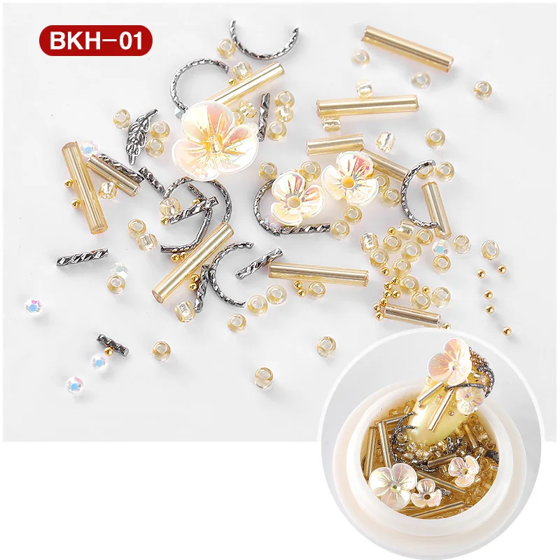 BKH-01 1 коробка смешанные натуральные цветы на полочки Шарм жемчуг красочный бисер "икра" металлические украшения для ногтей шпильки японский DIY 3d-украшения для ногтей - Цвет: BKH-01