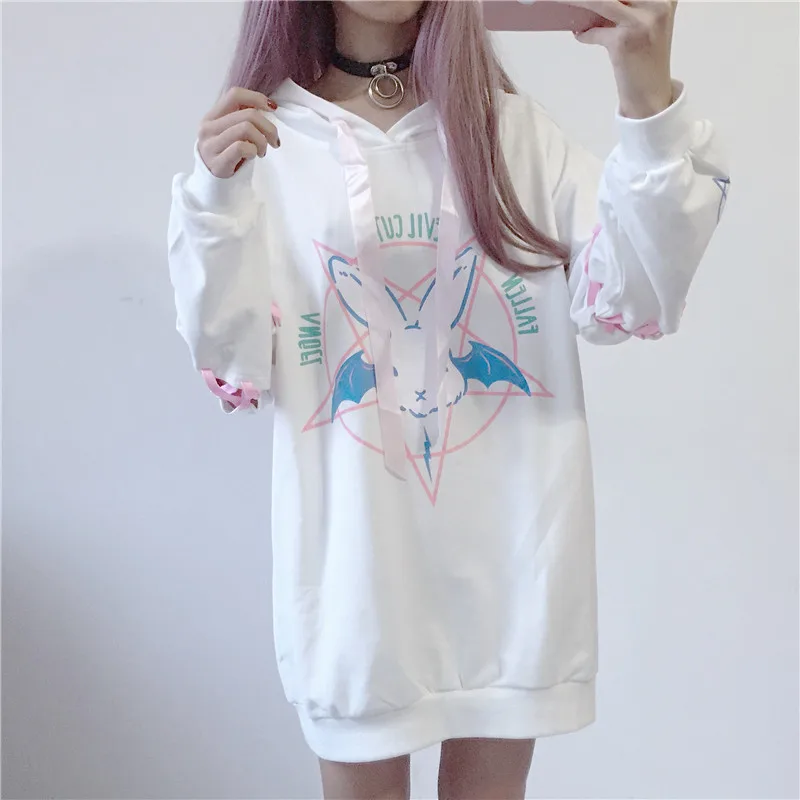 Fanco Harajuku печати на шнуровке женские худи из флиса готический панк оверсайз бархат с капюшоном пуловер уличная
