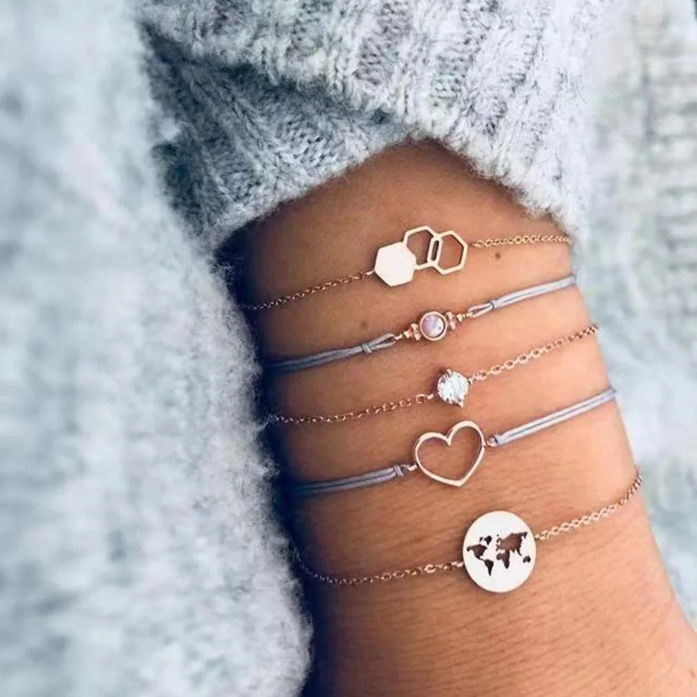 

Bohemian Heart Star Moon shell Map chain Bracelet with alloy crystal cotton for Women gold charm bracelets Jewelry wholesale