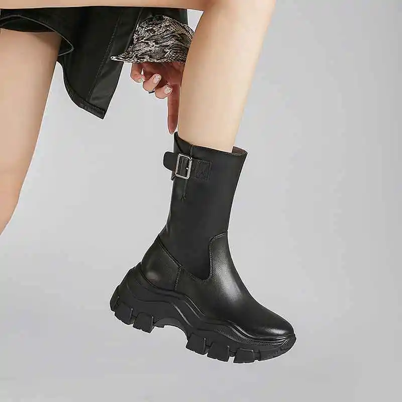 Botas mujer; обувь на высоком каблуке; женские мотоциклетные ботинки из коровьей кожи на толстой подошве; металлические застежки-пряжки сохраняющие тепло сапоги