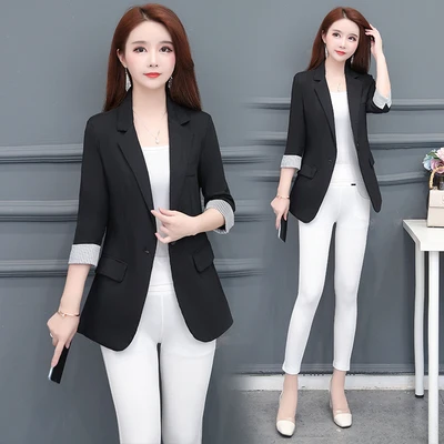 

2020 Spring Autumn Korean Women Coat Small Suit Patchwork Formal Single Button Womens Blazers Long Sleeve Black And White