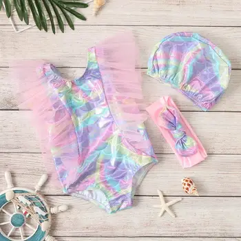 

Swimsuit Girls Kids Toddler Girls Flying Sleeve Mesh Sequin Fish Scale Ruffle Cartoon Swimsuit Bodysuit Swimwear Bathing Suit Y2