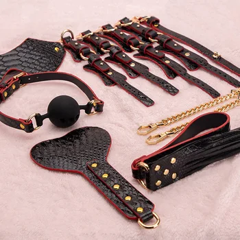 

7Pcs/Set BDSM Bondage Handcuffs Shackles Gag Leather Pat Blindfold Collar Erotic Sex Toys Products For Adult Crocodile Pattern