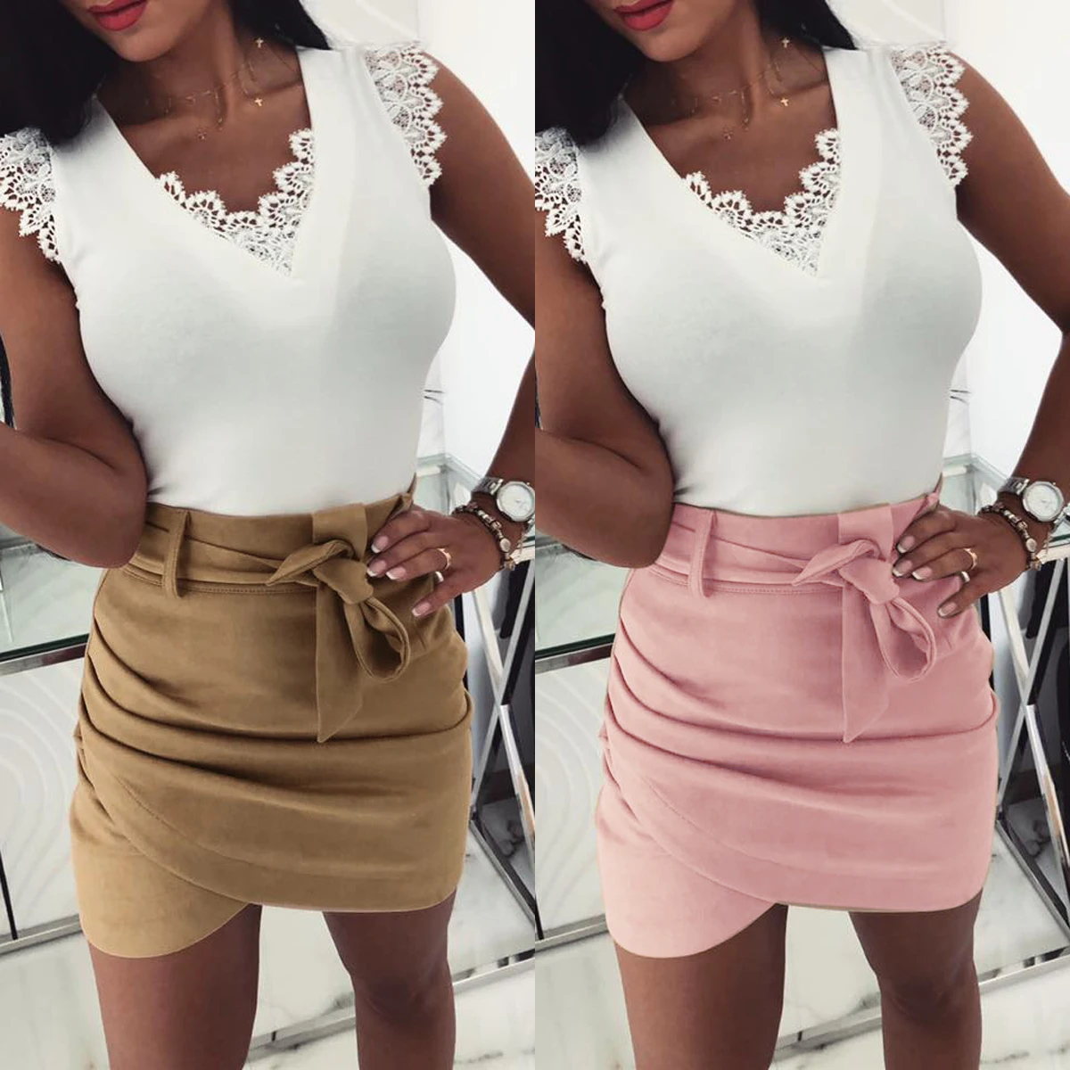 Herfst Mode Womens Mini Rokken Sexy Bandage Clubwear Hoge Taille Potlood Bodycon Cross Rok Wit Roze Kaki S-XL