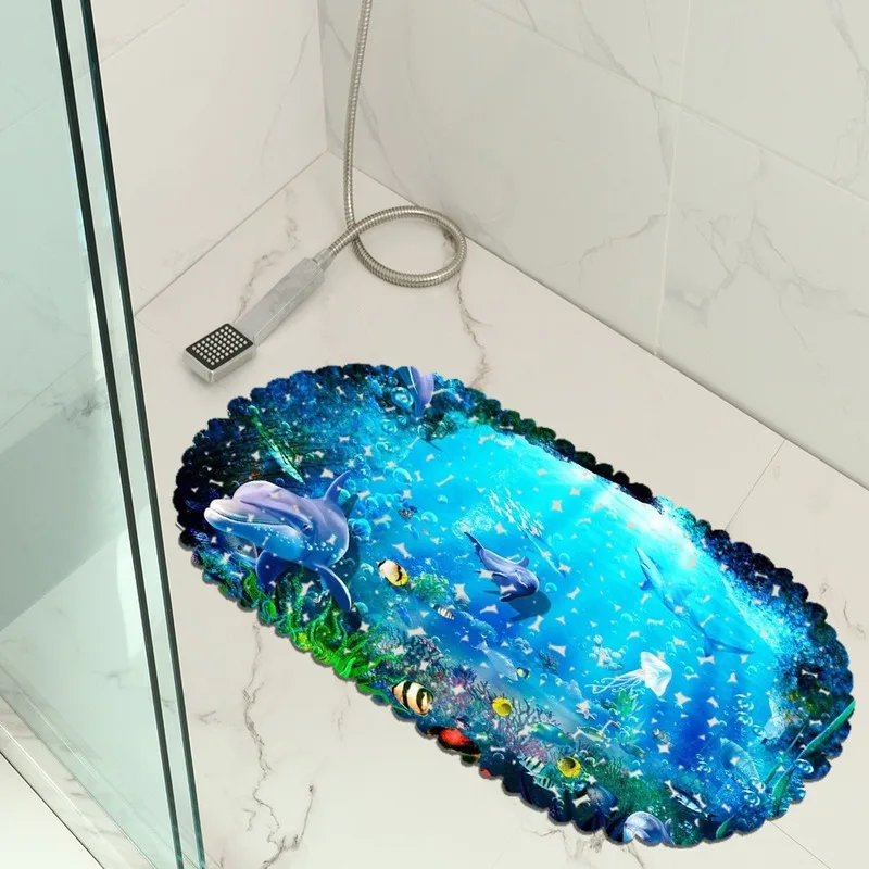 

Ocean Dolphin 3D Bathroom Mat Shower Room Door Mat PVC Non-Slip Mat Waterproof Suction Cup Floor Mat Pattern Customization